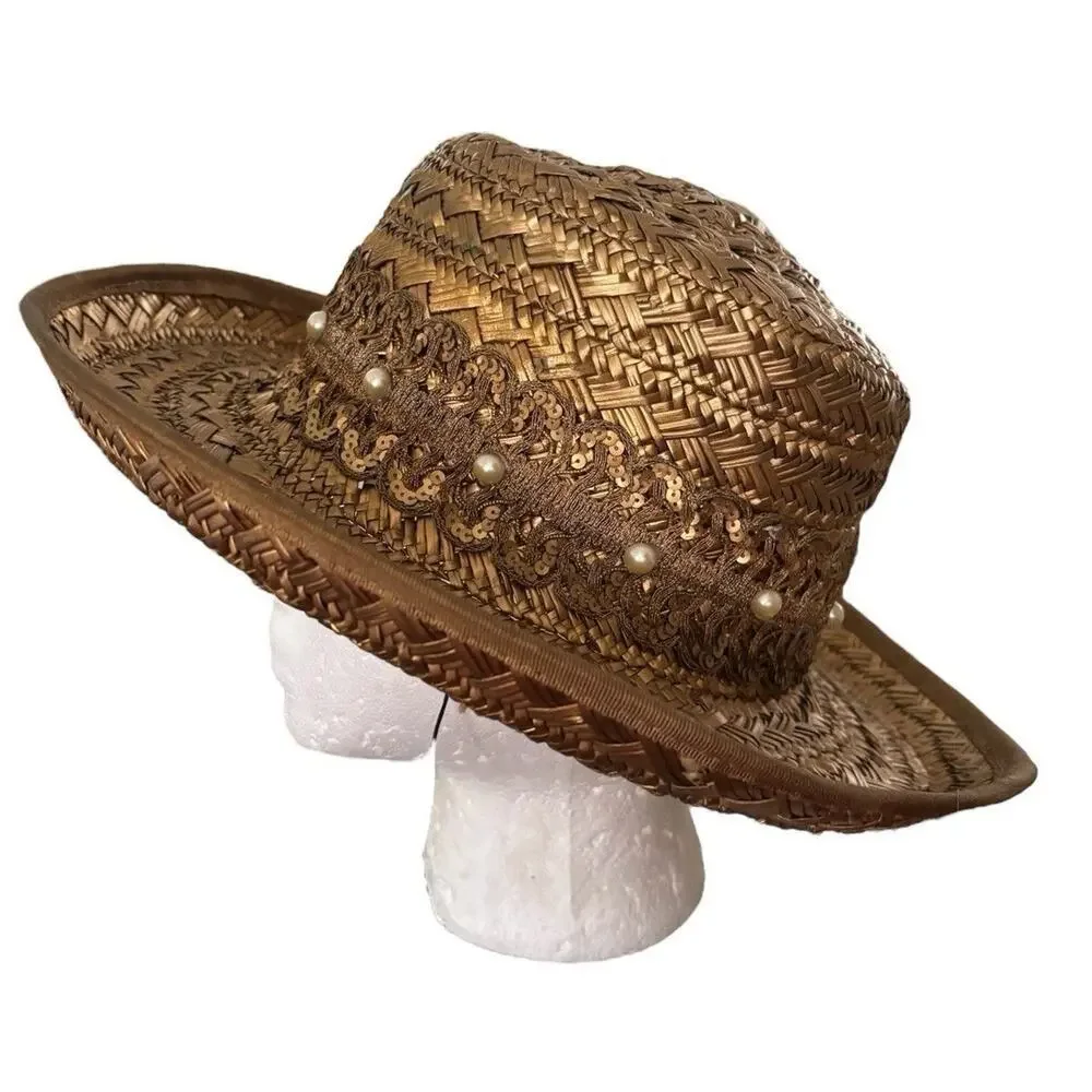 Eric Javits Hat Gold Bronze Straw Boat Beach Statement Spring Pearl Accent - Picture 2 of 9